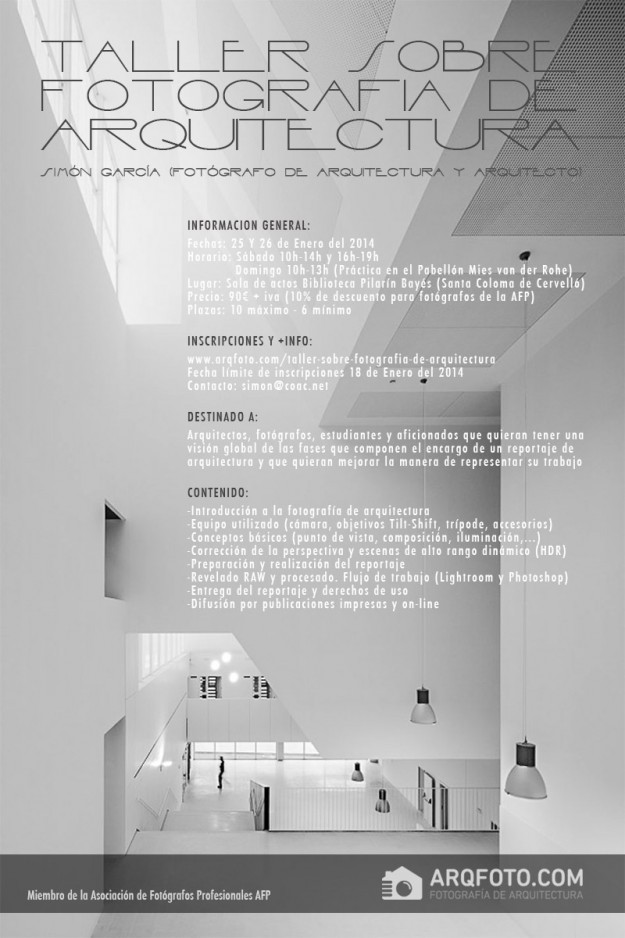 Cartel del Taller de fotografia de arquitectura en Barcelona. Simon Garcia | arqfoto.com